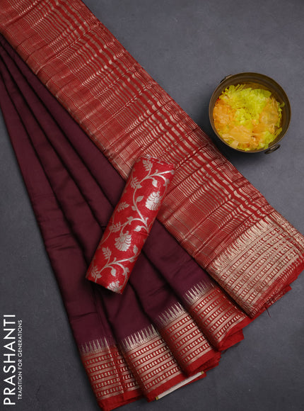 Semi mangalgiri saree deep maroon and red with plain body and zari woven border