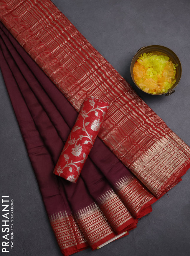 Semi mangalgiri saree deep maroon and red with plain body and zari woven border