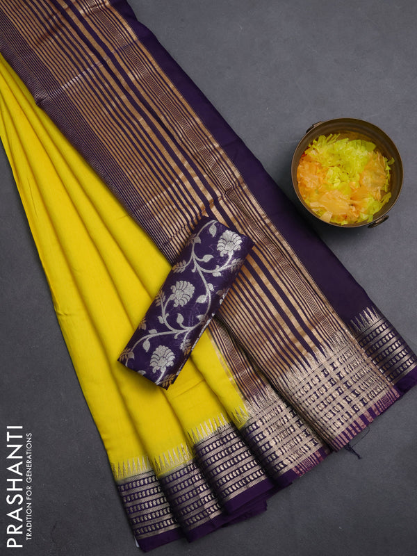 Semi mangalgiri saree yellow and purple with plain body and zari woven border