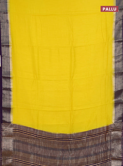 Semi mangalgiri saree yellow and purple with plain body and zari woven border