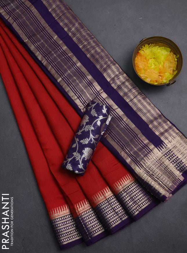 Semi mangalgiri saree maroon shade and deep purple with plain body and zari woven border