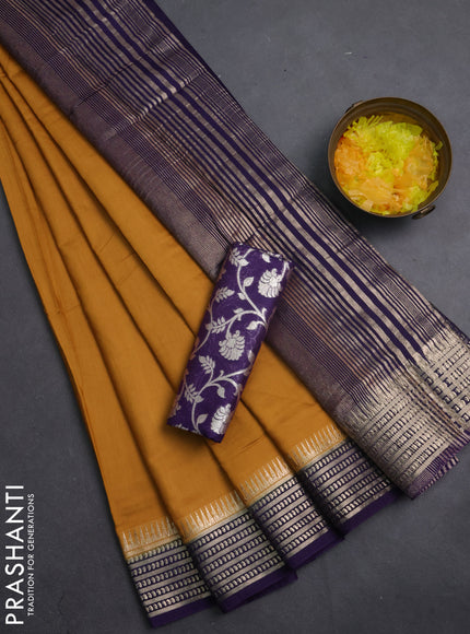Semi mangalgiri saree dark mustard and deep purple with plain body and zari woven border