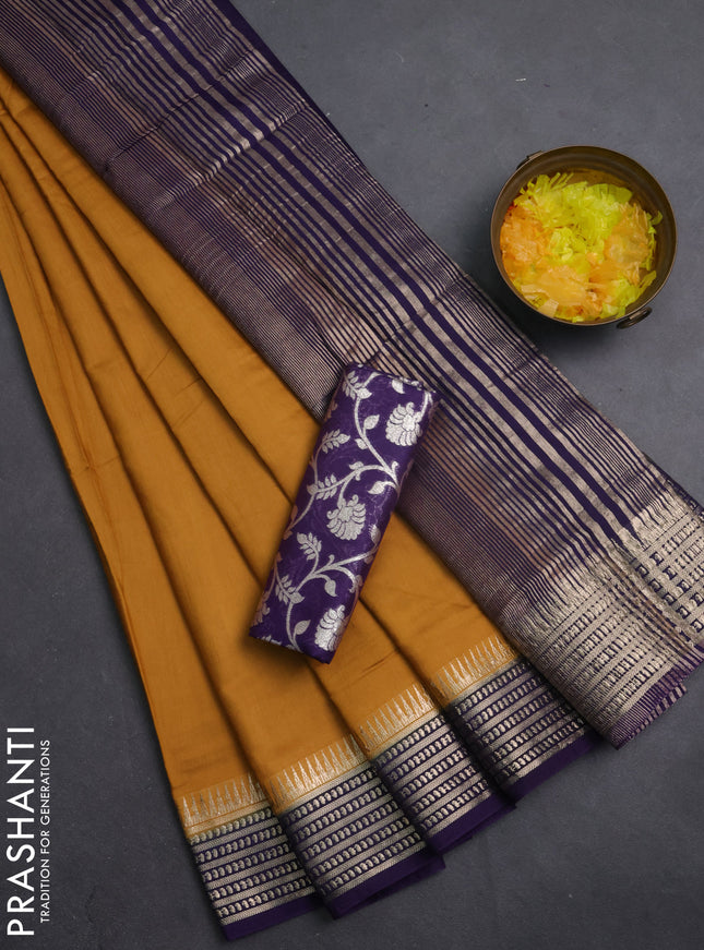 Semi mangalgiri saree dark mustard and deep purple with plain body and zari woven border