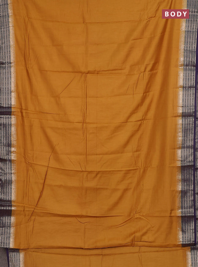 Semi mangalgiri saree dark mustard and deep purple with plain body and zari woven border