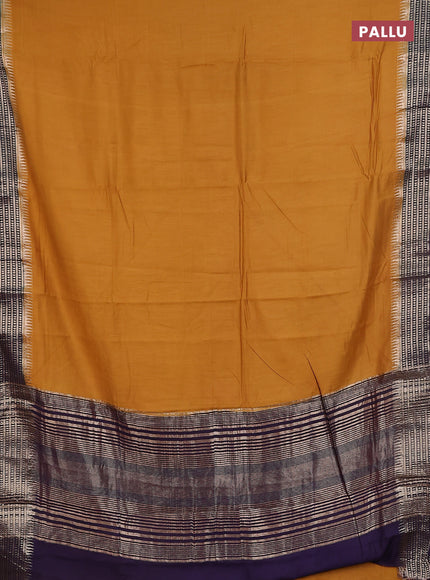 Semi mangalgiri saree dark mustard and deep purple with plain body and zari woven border