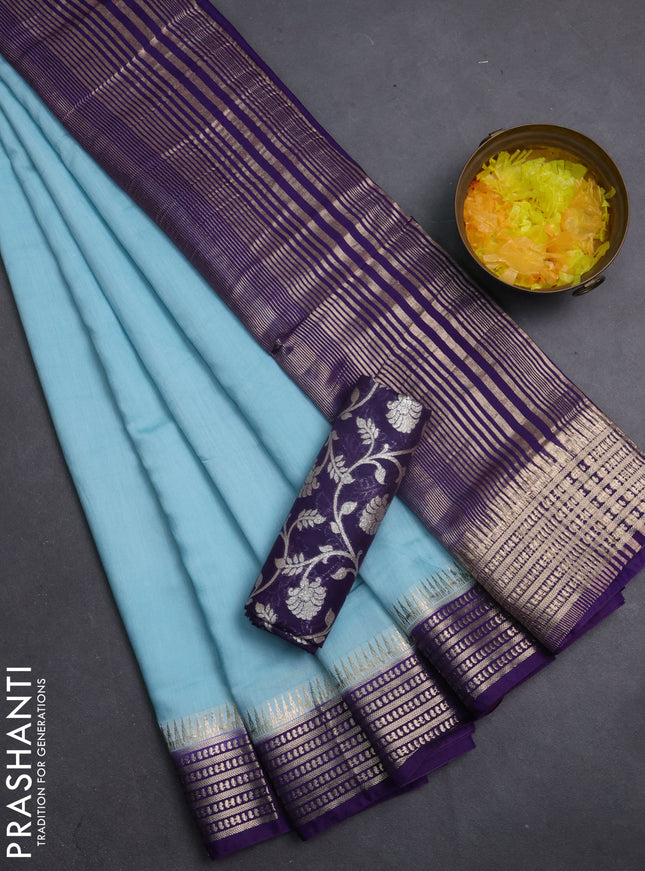 Semi mangalgiri saree pastel blue and violet with plain body and zari woven border
