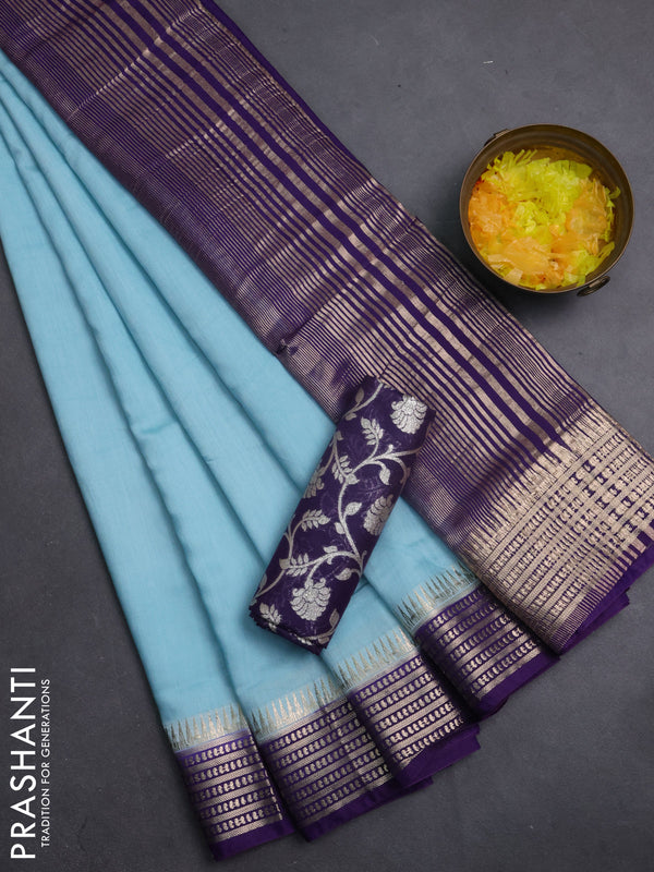 Semi mangalgiri saree pastel blue and violet with plain body and zari woven border