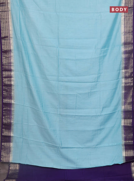 Semi mangalgiri saree pastel blue and violet with plain body and zari woven border
