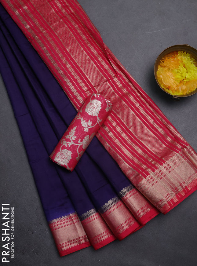 Semi mangalgiri saree navy blue and pink with plain body and zari woven border