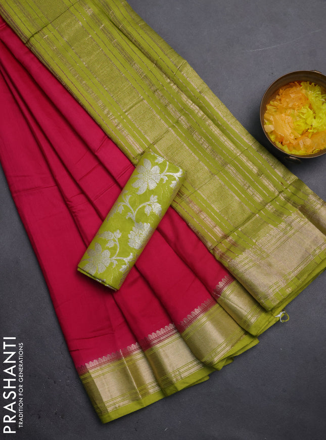 Semi mangalgiri saree pink and light green with plain body and zari woven border