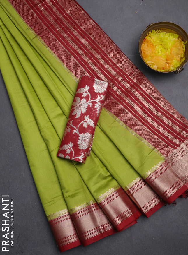 Semi mangalgiri saree light green and maroon with plain body and zari woven border