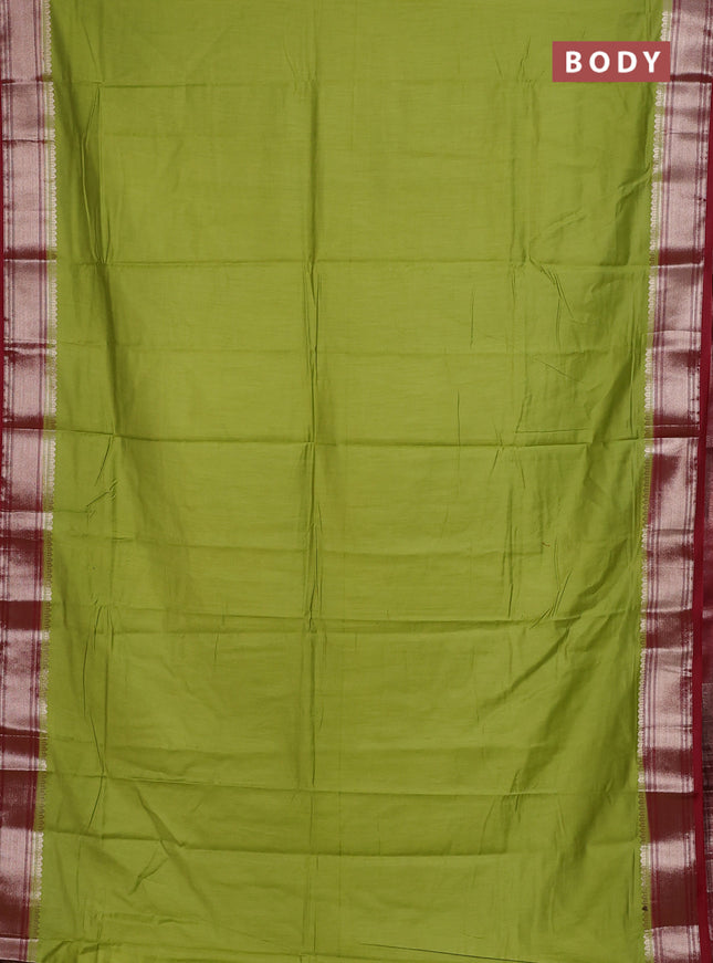 Semi mangalgiri saree light green and maroon with plain body and zari woven border