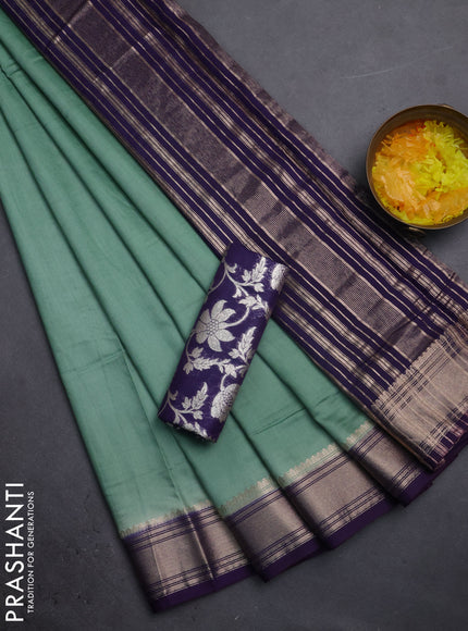 Semi mangalgiri saree pastel green and violet with plain body and zari woven border