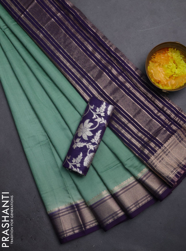 Semi mangalgiri saree pastel green and violet with plain body and zari woven border