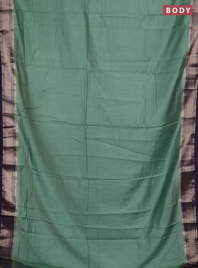 Semi mangalgiri saree pastel green and violet with plain body and zari woven border