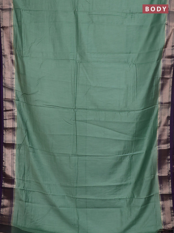 Semi mangalgiri saree pastel green and violet with plain body and zari woven border