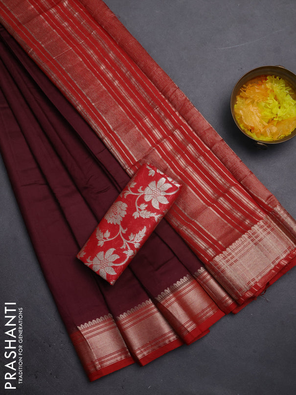 Semi mangalgiri saree deep maroon and red with plain body and zari woven border