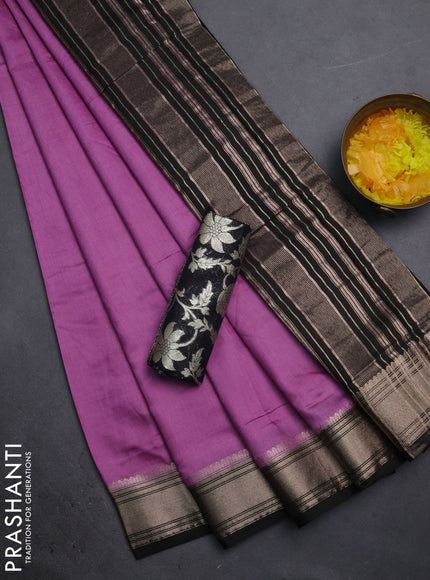 Semi mangalgiri saree lavender and black with plain body and zari woven border