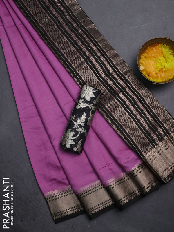 Semi mangalgiri saree lavender and black with plain body and zari woven border