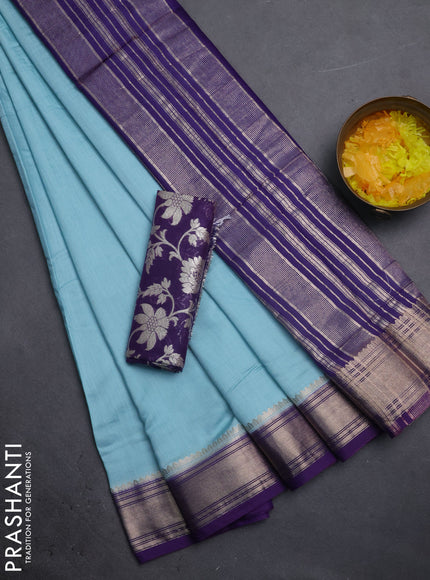 Semi mangalgiri saree light blue and violet with plain body and zari woven border