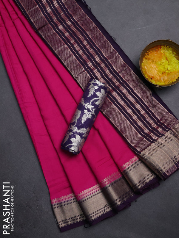 Semi mangalgiri saree pink and jamun shade with plain body and zari woven border