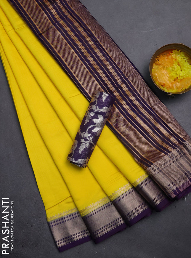 Semi mangalgiri saree lime yellow and violet with plain body and zari woven border