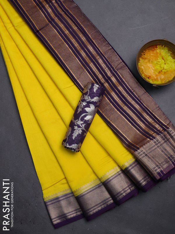 Semi mangalgiri saree lime yellow and violet with plain body and zari woven border