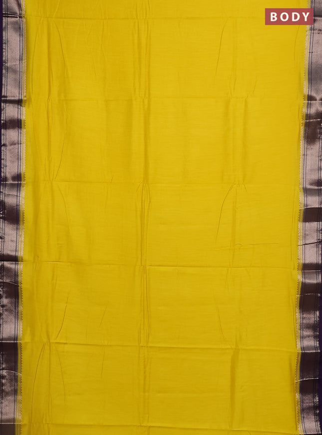Semi mangalgiri saree lime yellow and violet with plain body and zari woven border