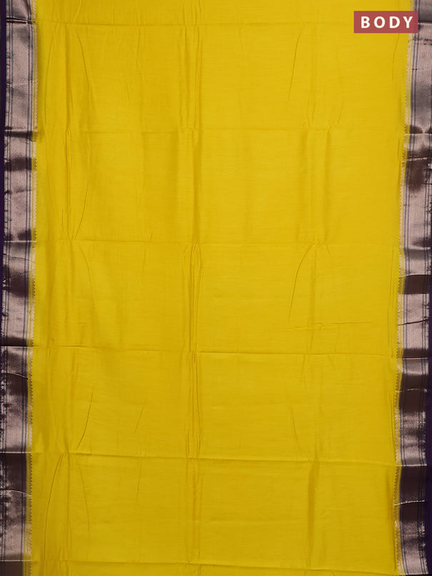 Semi mangalgiri saree lime yellow and violet with plain body and zari woven border