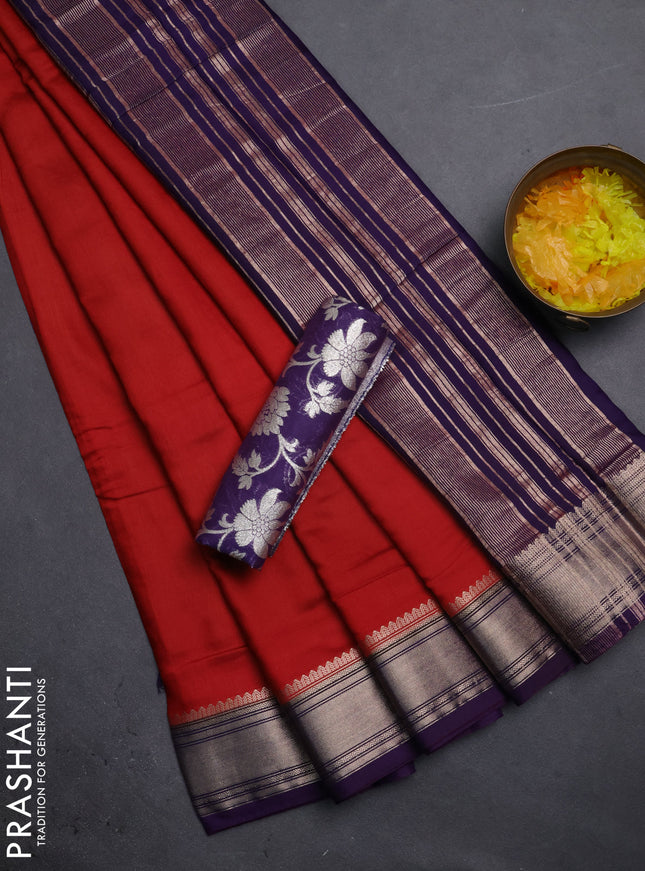 Semi mangalgiri saree red and violet with plain body and zari woven border