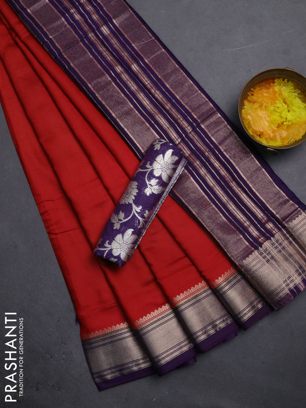 Semi mangalgiri saree red and violet with plain body and zari woven border