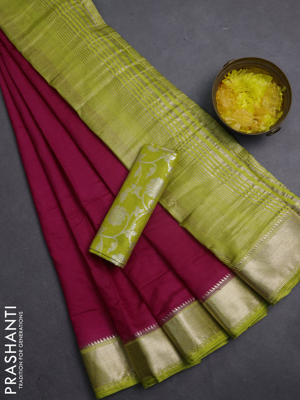 Semi mangalgiri saree pink and light green with plain body and zari woven border