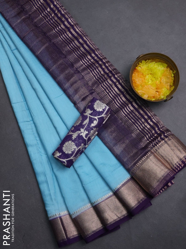 Semi mangalgiri saree pastel blue and blue with plain body and zari woven border
