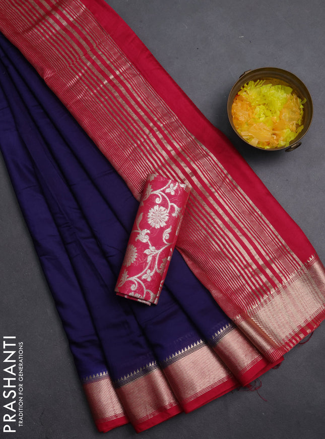 Semi mangalgiri saree blue and pink with plain body and zari woven border