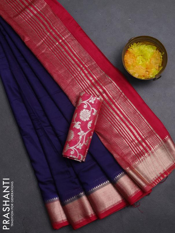 Semi mangalgiri saree blue and pink with plain body and zari woven border