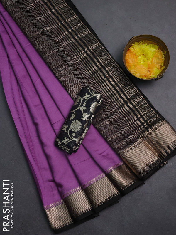 Semi mangalgiri saree lavender shade and black with plain body and zari woven border