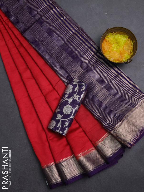 Semi mangalgiri saree red and purple with plain body and zari woven border
