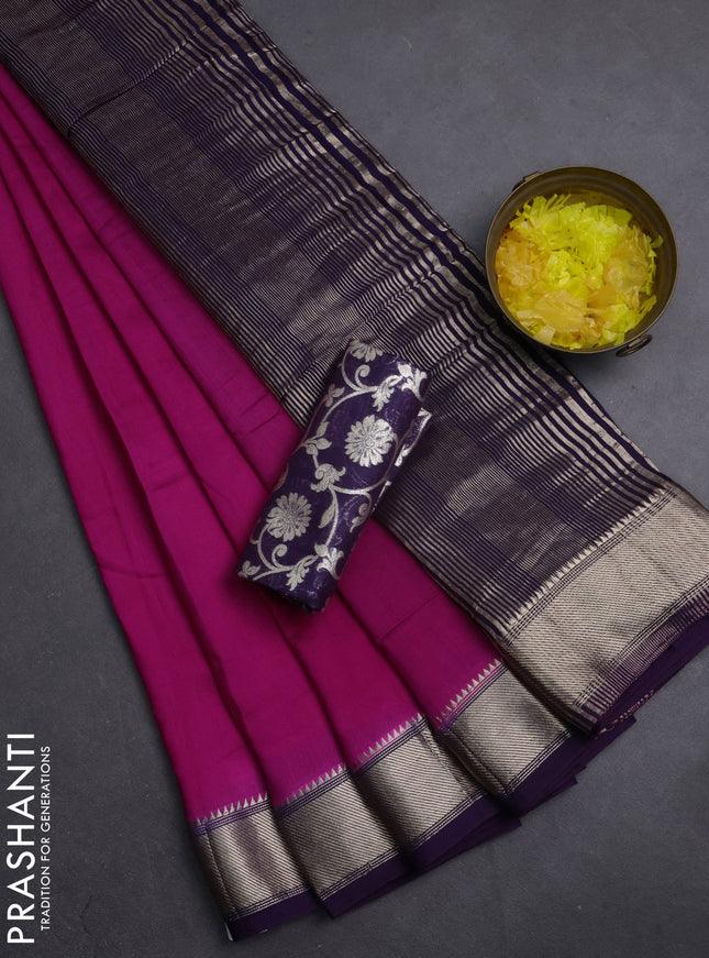 Semi mangalgiri saree pink and jamun shade with plain body and zari woven border