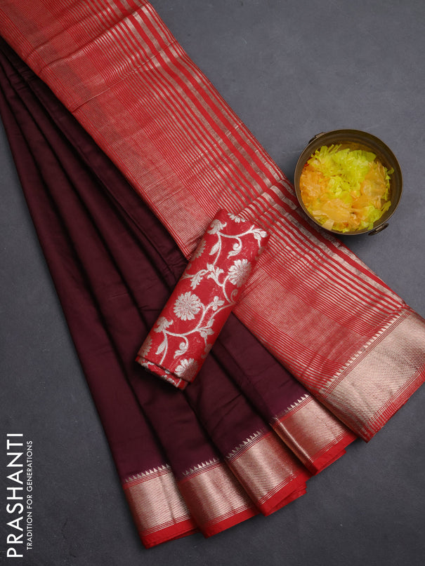 Semi mangalgiri saree deep wine shade and red with plain body and zari woven border