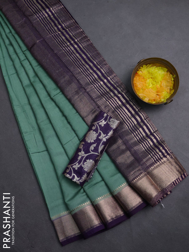 Semi mangalgiri saree pastel green and violet with plain body and zari woven border