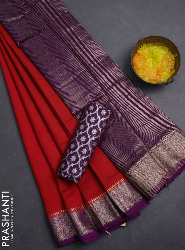 Semi mangalgiri saree red shade and purple with plain body and zari woven border
