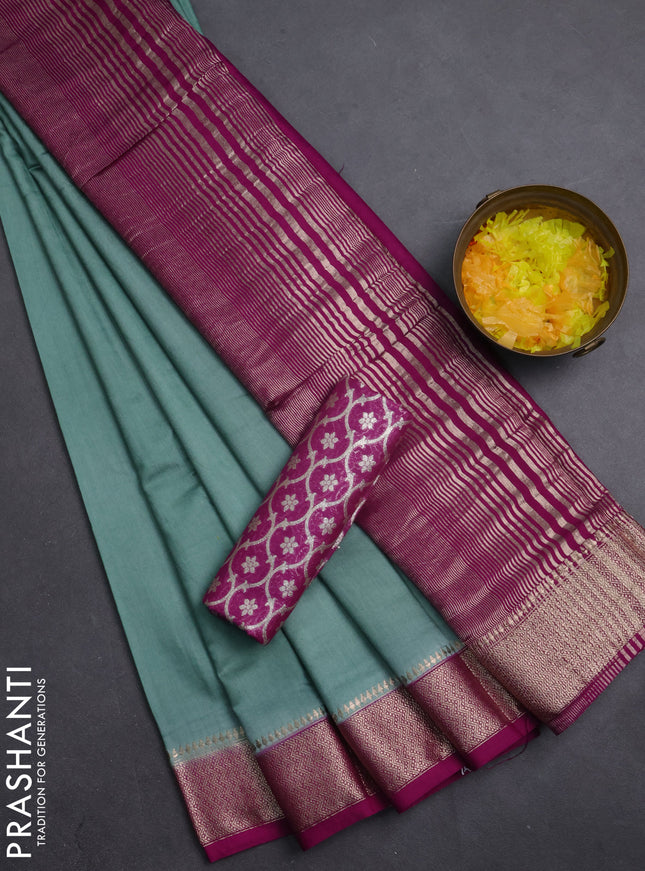 Semi mangalgiri saree pastel green and magenta pink with plain body and zari woven border