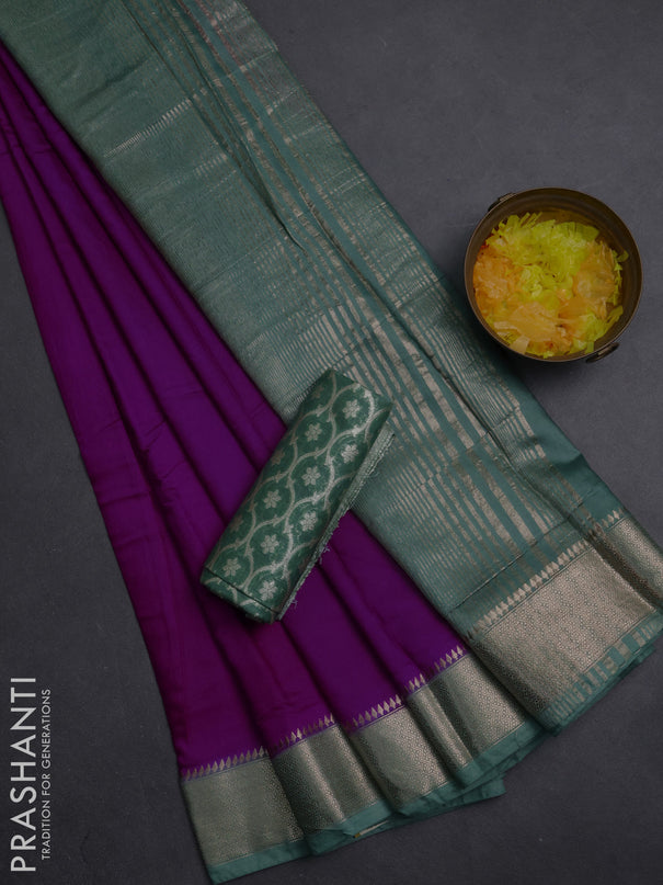 Semi mangalgiri saree purple and pastel green with plain body and zari woven border
