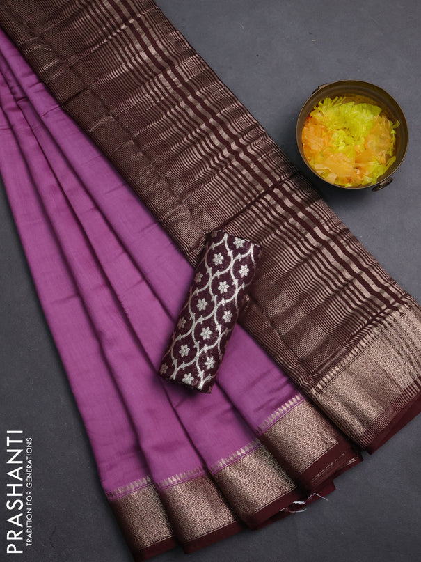 Semi mangalgiri saree mauve pink and brown with plain body and zari woven border