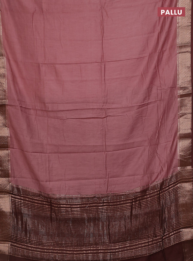 Semi mangalgiri saree pastel peach shade and brown with plain body and zari woven border