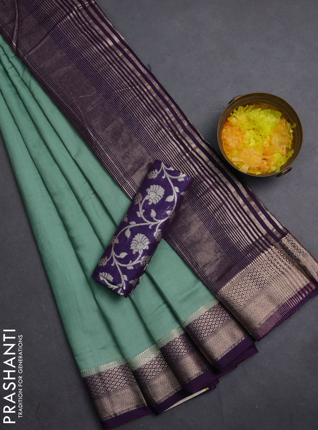 Semi mangalgiri saree pastel green and purple with plain body and zari woven border