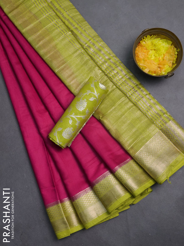 Semi mangalgiri saree pink and lime green with plain body and zari woven border
