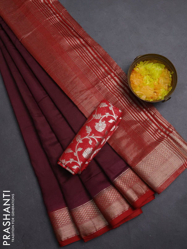 Semi mangalgiri saree deep maroon and red with plain body and zari woven border