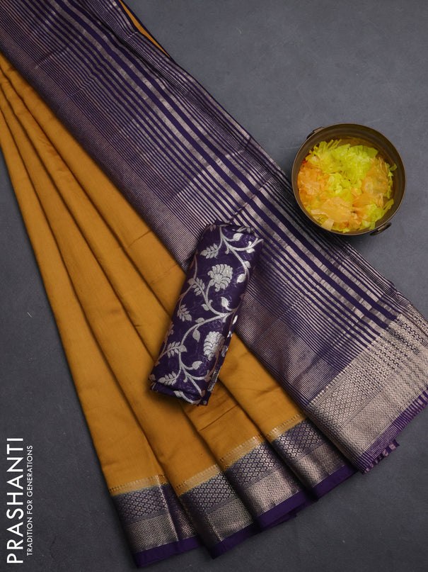 Semi mangalgiri saree dark mustard and purple with plain body and zari woven border