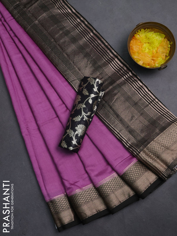 Semi mangalgiri saree lavender shade and black with plain body and zari woven border